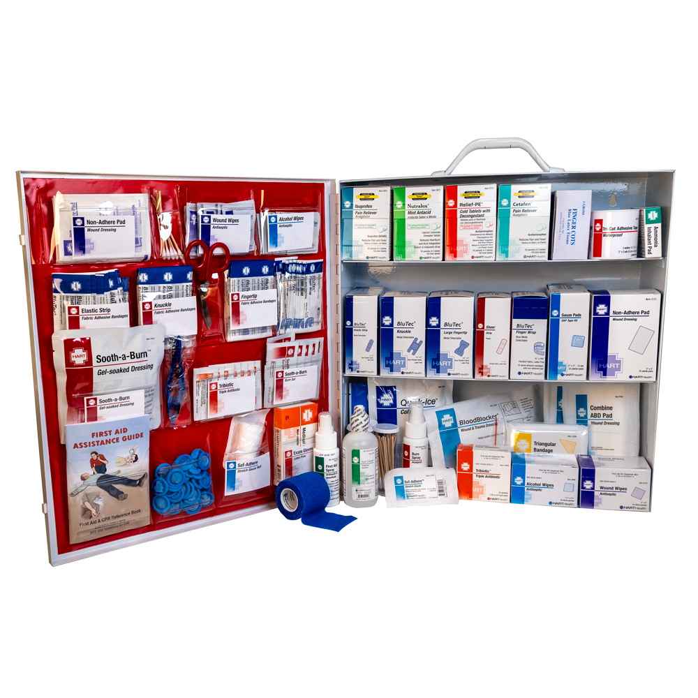 3-Shelf Food Services First Aid Station with Blue Bandages, Metal Cabinet with door pouch