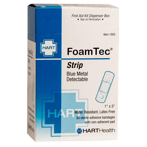 FoamTec, Blue Metal Detectable Strip, Water Resistant Foam Bandages, 50 per box