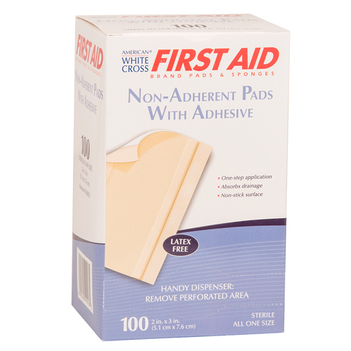 White Cross First Aid Non-Adherent Wound Pad with Adhesive, Sterile, 2' x 3', 100 per box