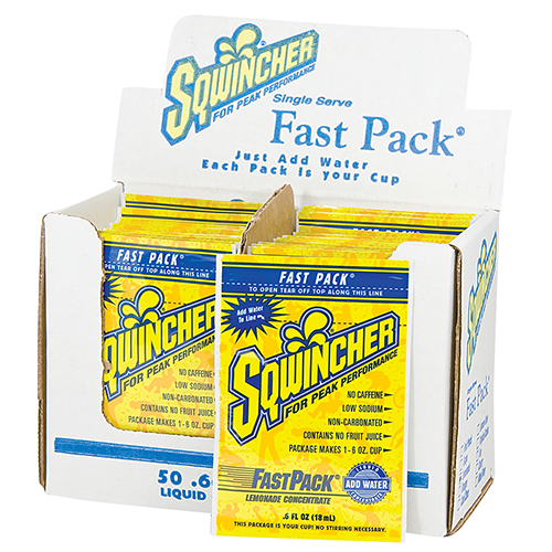 Sqwincher Fast Pack, electrolyte replacment, lemonade, 50 per box