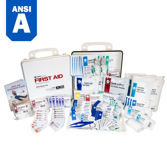 Bulk First Aid Kit, 50-Person, ANSI Class A, for Food Services with Blue Bandages, Polypropylene Box